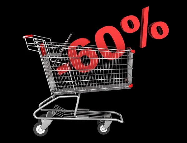 Shopping cart with 60 percent discount isolated on black backgro — Stock Photo, Image