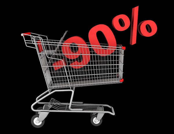 Shopping cart with 90 percent discount isolated on black backgro — Stock Photo, Image