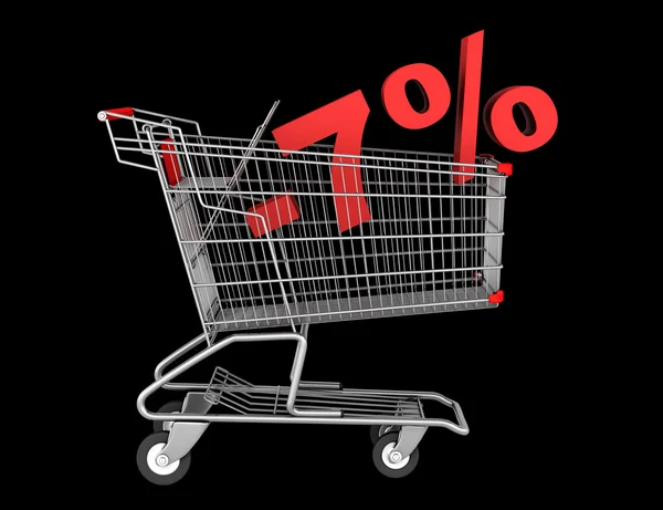 Shopping cart with 7 percent discount isolated on black backgrou — Stock Photo, Image