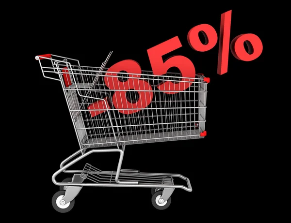 Shopping cart with 85 percent discount isolated on black backgro — Stock Photo, Image