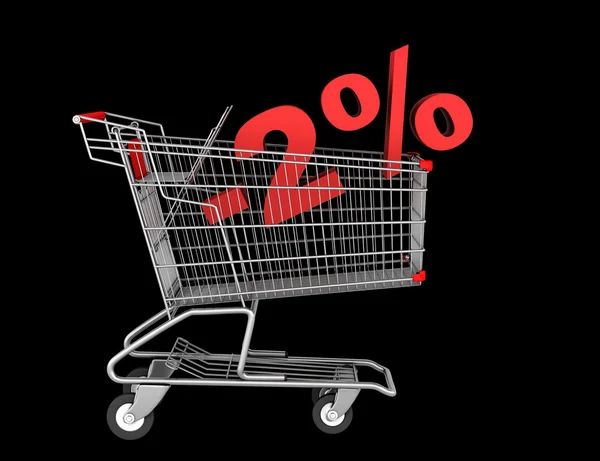 Shopping cart with 2 percent discount isolated on black backgrou — Stock Photo, Image