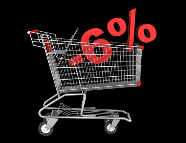 Shopping cart with 6 percent discount isolated on black backgrou — Stock Photo, Image
