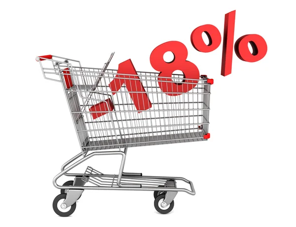 Shopping cart with 18 percent discount isolated on white backgro — Stock Photo, Image