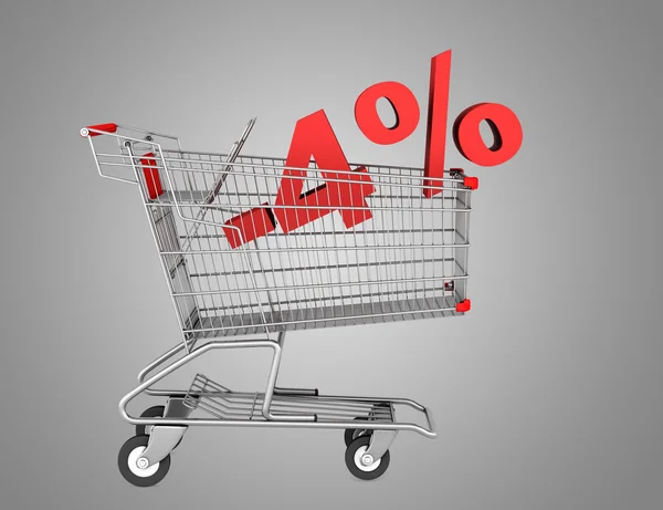 Carrito de compras con 4 por ciento de descuento aislado en el fondo gris — Foto de Stock