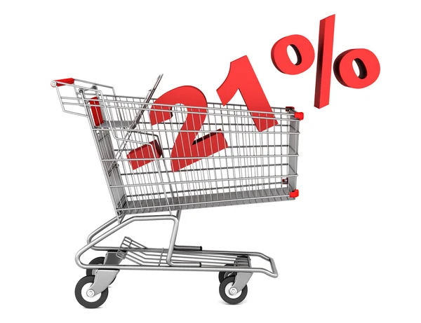 Shopping cart with 21 percent discount isolated on white backgro — Stock Photo, Image