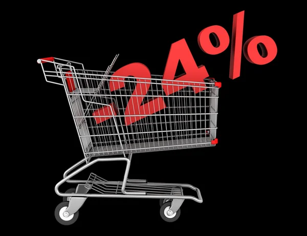 Shopping cart with 24 percent discount isolated on black backgro — Stock Photo, Image