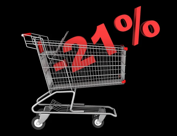 Shopping cart with 21 percent discount isolated on black backgro — Stock Photo, Image