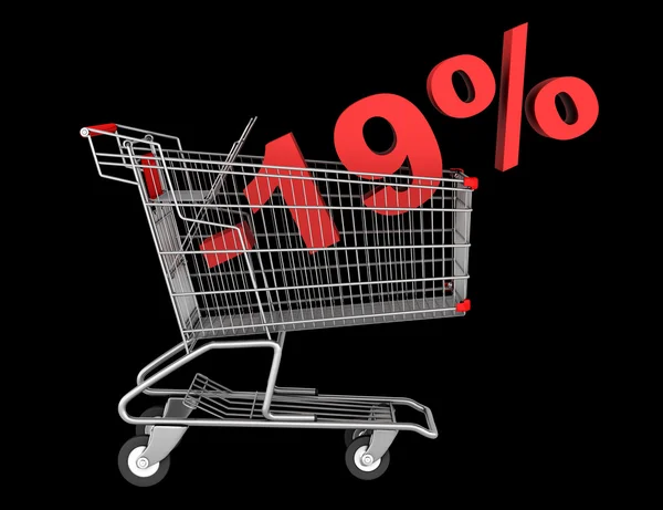 Shopping cart with 19 percent discount isolated on black backgro — Stock Photo, Image