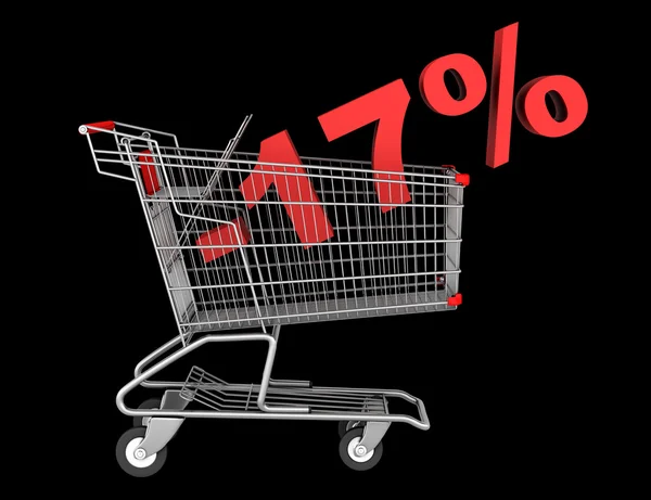 Shopping cart with 17 percent discount isolated on black backgro — Stock Photo, Image