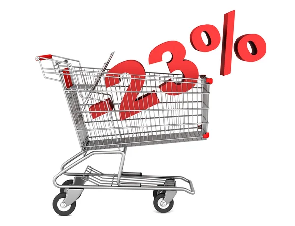 Shopping cart with 23 percent discount isolated on white backgro — Stock Photo, Image