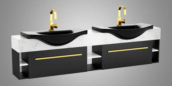 Moderno duplo banheiro preto pia isolada no fundo cinza — Fotografia de Stock