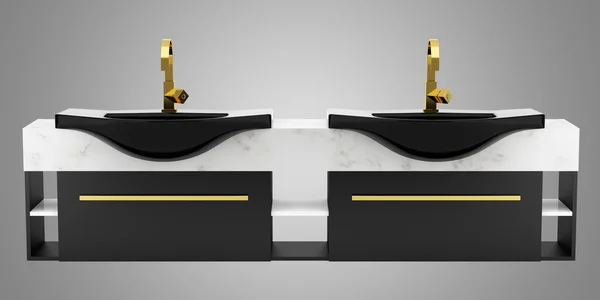 Modern double black bathroom sink isolated on gray background — Stock Photo, Image