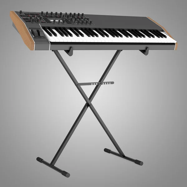 Black synthesizer on stand isolated on gray background — Stock Photo, Image