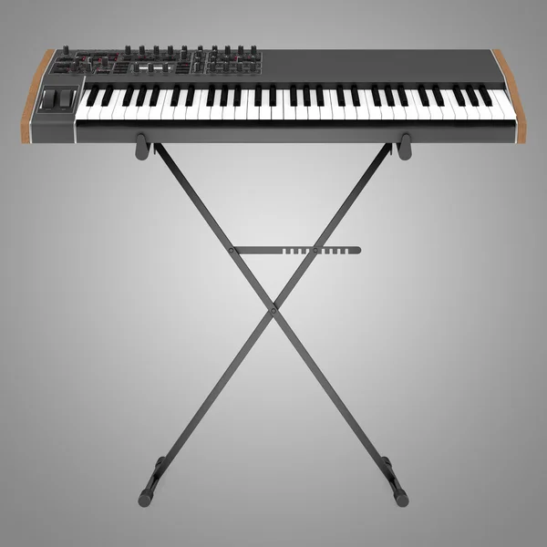 Zwarte synthesizer op stand geïsoleerd op grijze achtergrond — Stockfoto