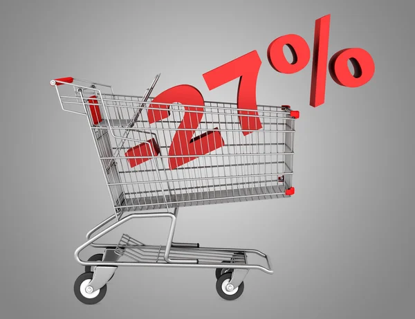 Shopping cart with 27 percent discount isolated on gray backgrou — Stock Photo, Image