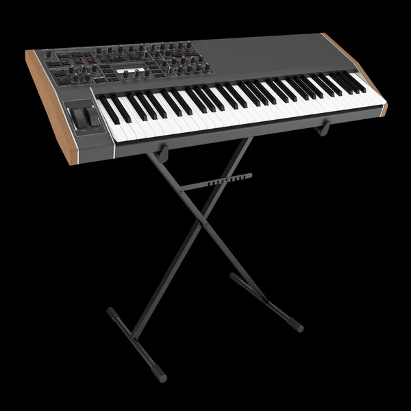Black synthesizer on stand isolated on black background — Stock Photo, Image