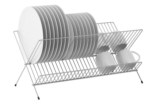 Plate rack with tableware isolated on white background — Stock Photo, Image