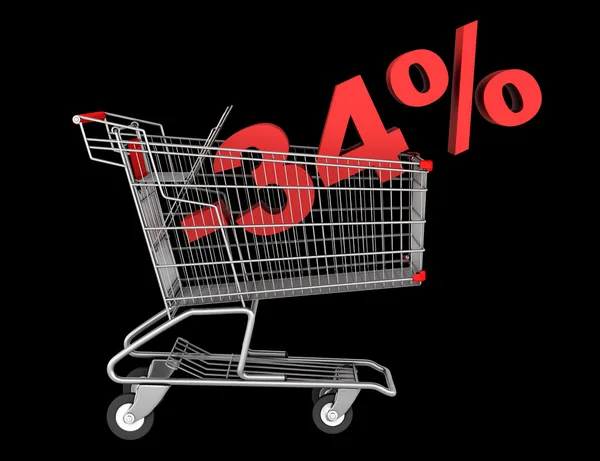 Shopping cart with 34 percent discount isolated on black backgro — Stock Photo, Image
