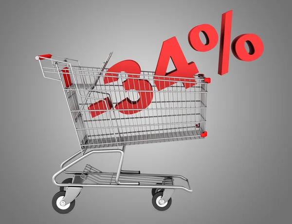 Shopping cart with 34 percent discount isolated on gray backgrou — Stock Photo, Image