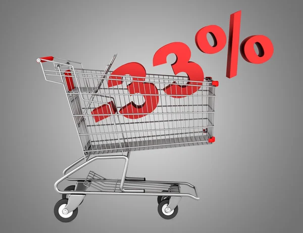 Shopping cart with 33 percent discount isolated on gray backgrou — Stock Photo, Image