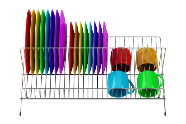 Rack de placa com utensílios de mesa multicoloridos isolados em backgroun branco — Fotografia de Stock