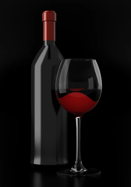 Fles wijn met glas wijn geïsoleerd op zwarte achtergrond — Stockfoto
