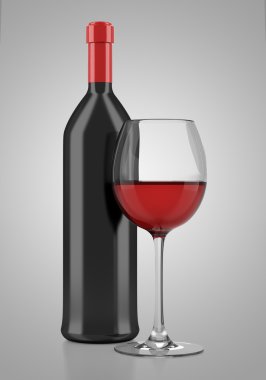 Gri arka planda izole edilmiş şarap şişesi.