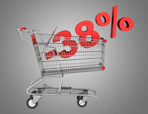 Shopping cart with 38 percent discount isolated on gray backgrou — Stock Photo, Image