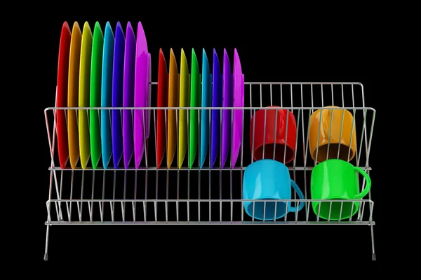 Rack de placa com utensílios de mesa multicoloridos isolados em backgroun preto — Fotografia de Stock