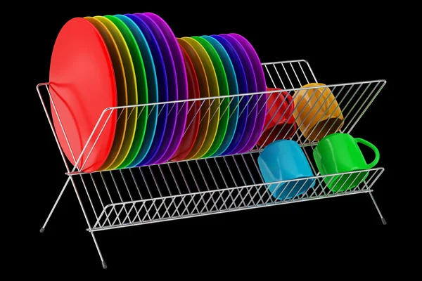 Стійка для тарілок з різнокольоровим посудом ізольована на чорному фоні — стокове фото