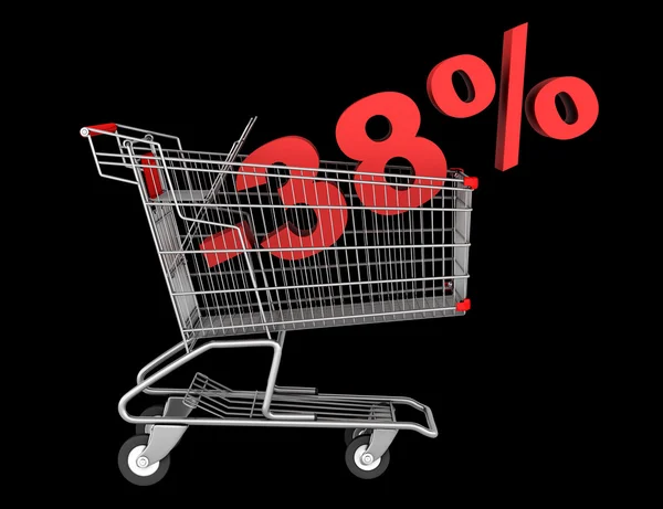 Shopping cart with 38 percent discount isolated on black backgro — Stock Photo, Image