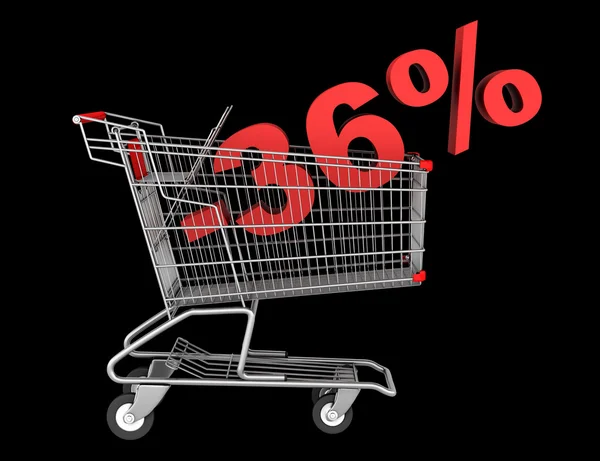 Shopping cart with 36 percent discount isolated on black backgro — Stock Photo, Image