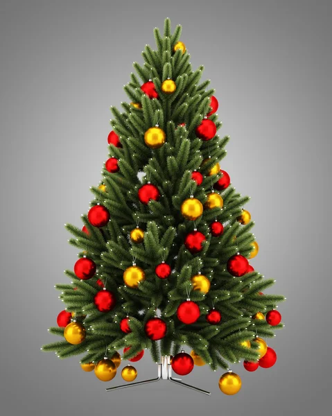 Gedecoreerde kerstboom geïsoleerd op grijze achtergrond — Stockfoto