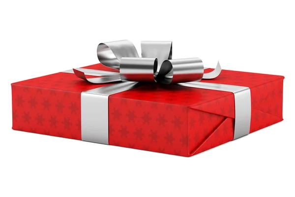 Red gift box with silver ribbon isolated on white background — Stock Photo, Image