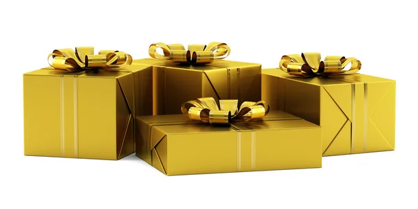 Cajas de regalo amarillas con cintas doradas aisladas sobre fondo blanco — Foto de Stock