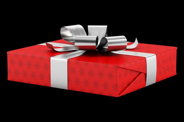 Red gift box with silver ribbon isolated on black background — Stock Photo, Image