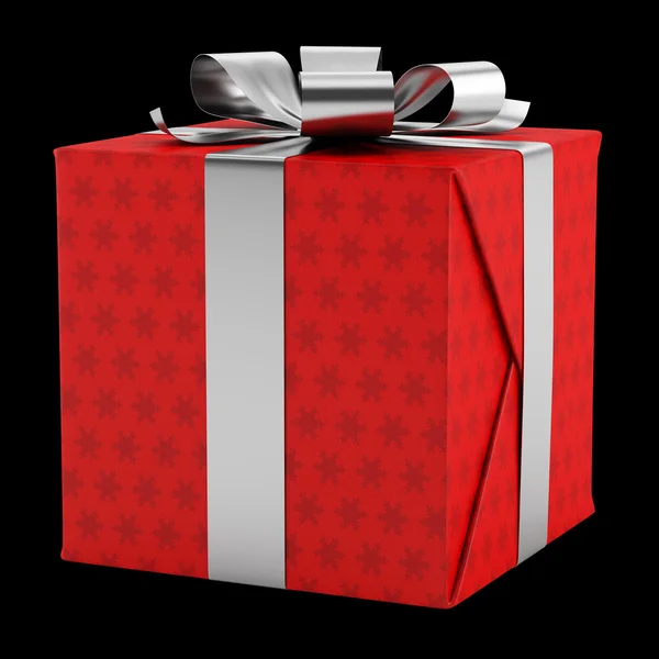 Red gift box with silver ribbon isolated on black background — Stock Photo, Image