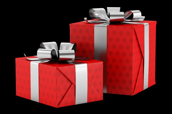 Two red gift boxes with silver ribbons isolated on black backgro — Stock Photo, Image