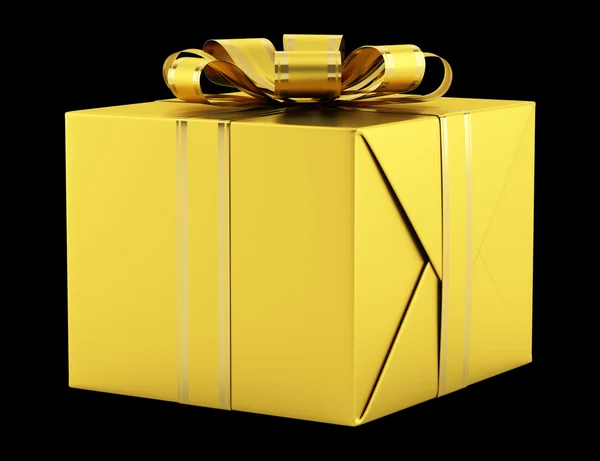 Gelbe Geschenkbox mit goldenem Band isoliert auf schwarzem Hintergrund — Stockfoto