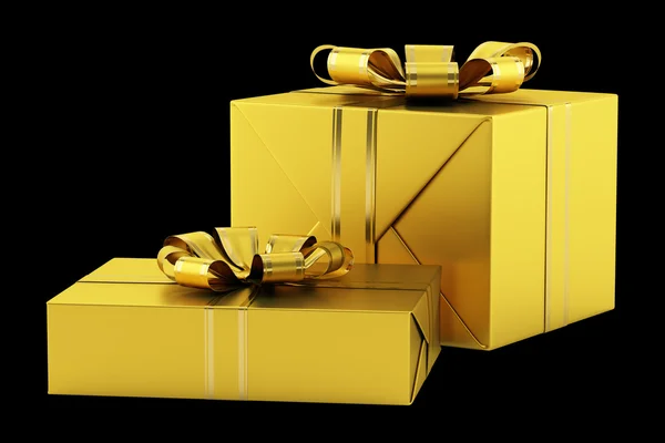 Gele geschenkdozen met gouden linten geïsoleerd op zwarte CHTERGRO — Stockfoto