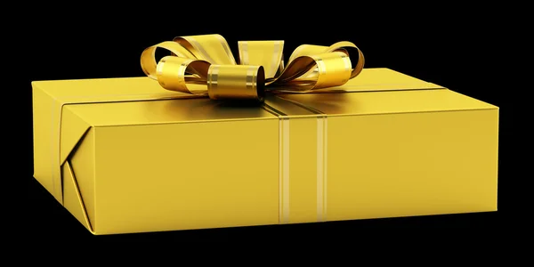 Yellow gift box with golden ribbon isolated on black background — Stock Photo, Image