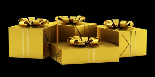 Gele geschenkdozen met gouden linten geïsoleerd op zwarte CHTERGRO — Stockfoto