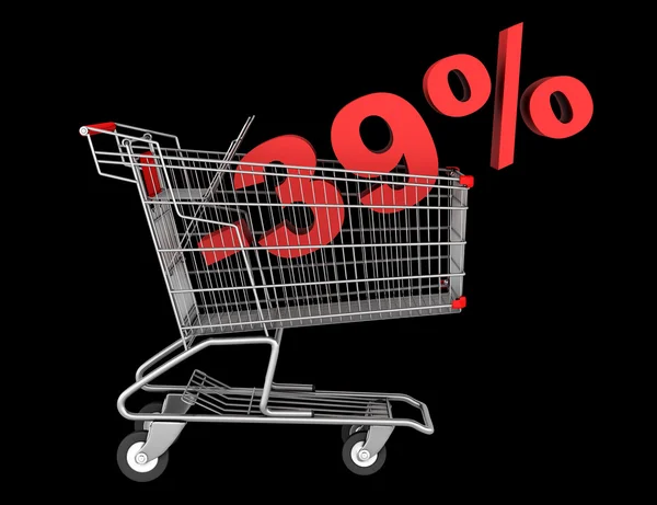 Shopping cart with 39 percent discount isolated on black backgro — Stock Photo, Image