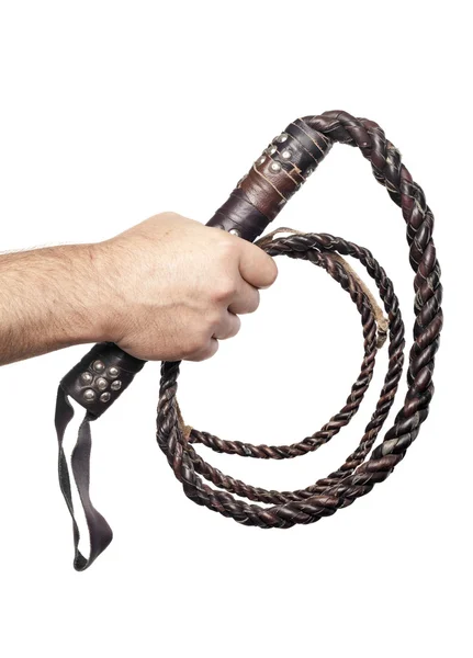 Male hand holding brown leather whip isolated on white backgroun — Stock Photo, Image