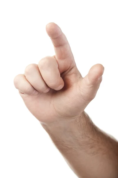 Mężczyzna ręką dotykając ekranu wirtualnego na białym tle — Zdjęcie stockowe