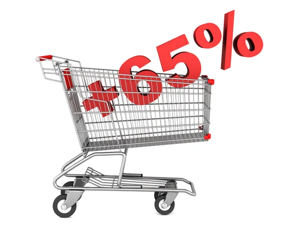Carrinho de compras com sinal de mais 65 por cento isolado no backgr branco — Fotografia de Stock