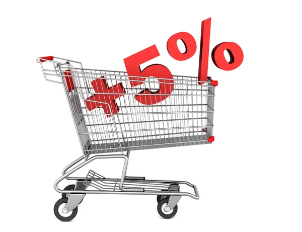 Shopping cart with plus 5 percent sign isolated on white backgro — Stock Photo, Image