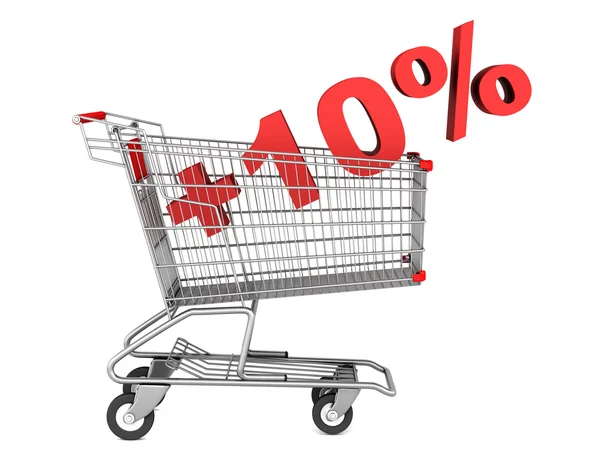 Shopping cart with plus 10 percent sign isolated on white backgr — Stock Photo, Image