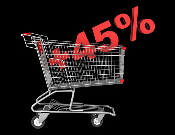 Shopping cart with plus 45 percent sign isolated on black backgr — Stock Photo, Image