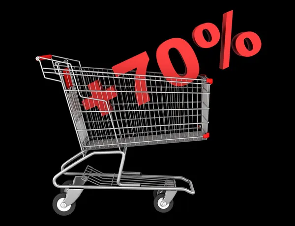 Shopping cart with plus 70 percent sign isolated on black backgr — Stock Photo, Image